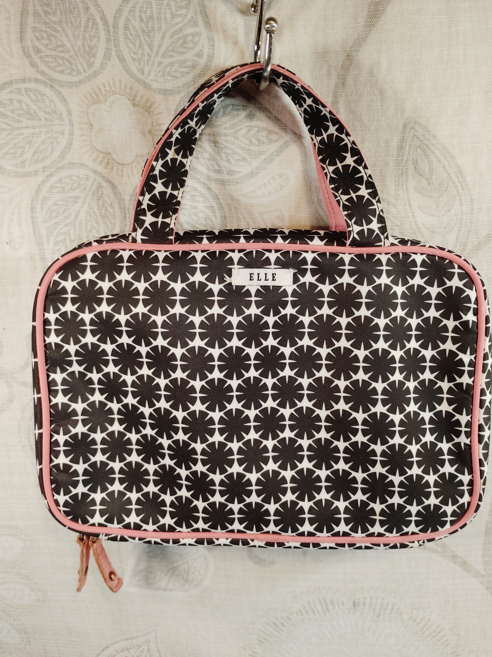 Elle Black and White Floral Cosmetic Case with Pink Trim